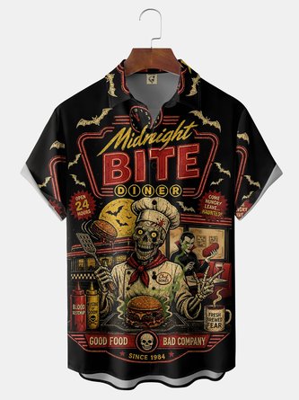 Moisture wicking Halloween Chef Skeleton Vampire Chest Pocket Holiday Shirt