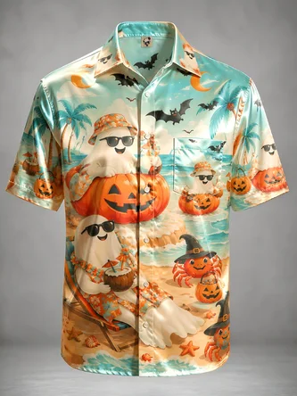 Breathable Silk Satin Pumpkin Ghost Chest Pocket Halloween Shirt