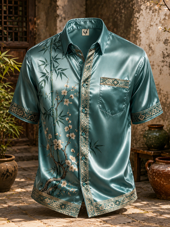 Breathable Silk Satin Vintage Bamboo Leaf Print Chest Pocket Casual Shirt