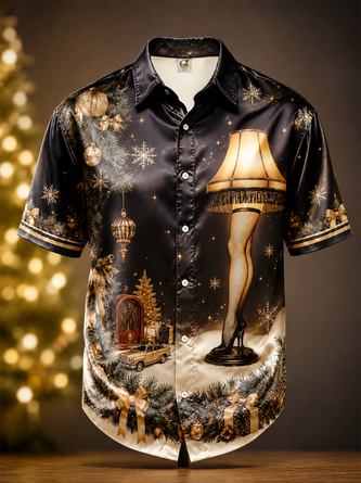 Breathable Silk Satin Featuring Christmas Tree Foliage Story Leg Lamp Design Chest Pocket Casual Shirt