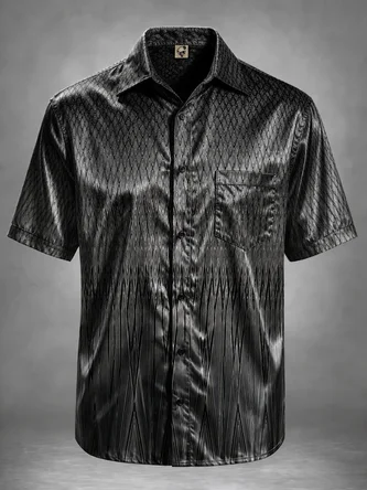 Breathable Silk Satin Geometric Rhombus Pattern Chest Pocket Casual Shirt