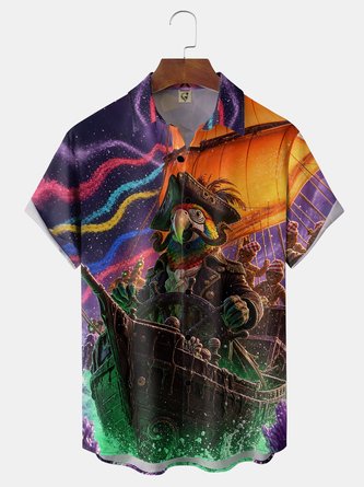 Moisture wicking Parrot Pirate Marine Life Chest Pocket Hawaiian Shirt
