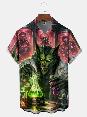 Moisture wicking Halloween Wolfman Wizard Chest Pocket Holiday Shirt