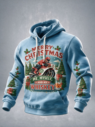 Christmas Motorcycle Letters Christmas Tree Kangaroo Pocket Hoodie Sweatshirt