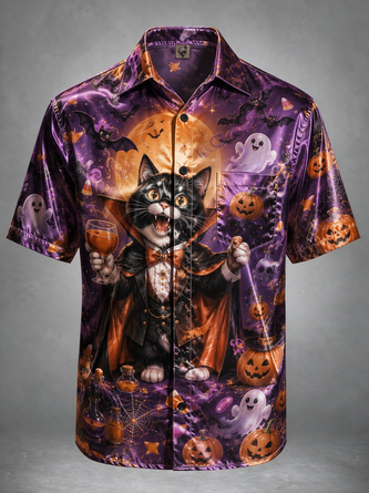 Breathable Silk Satin Cat Pumpkin Chest Pocket Halloween Shirt
