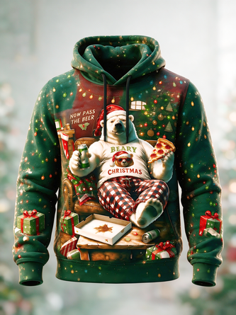 Christmas Bear Text Letters Pizza Beer Kangaroo Pocket Hoodie Sweatshirt
