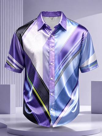 Breathable Silk Satin Abstract Geometric Gradient Art Print Casual Shirt