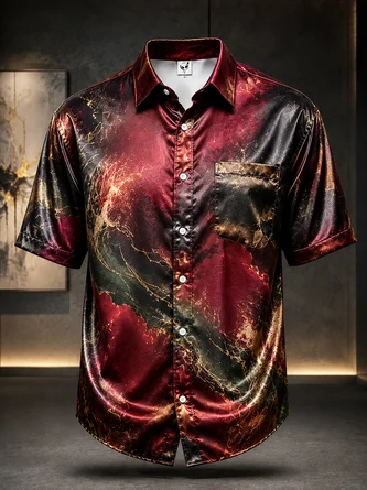Breathable Silk Satin Abstract Geometric Gradient Art Print Chest Pocket Casual Shirt