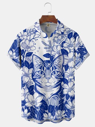X Contatoeoli Studio Moisture wicking Tropical Cat Floral Chest Pocket Hawaiian Shirt