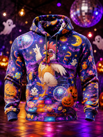 Halloween Rooster Pumpkin Disco Kangaroo Pocket Hoodie Sweatshirt