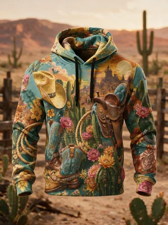 Cowboy Hat Cactus Saddle Kangaroo Pocket Hoodie Sweatshirt