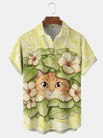 X Contatoeoli Studio Moisture wicking Cat Hibiscus Floral Chest Pocket Hawaiian Shirt