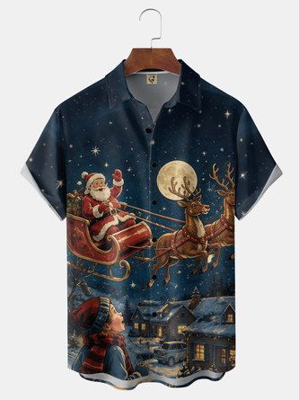 Moisture Wicking Santa Claus Reindeer Sleigh Chest Pocket Christmas Shirt