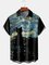 Mens Starry Night Black Cat Painting Print Lapel Chest Pocket Short Sleeve Hawaiian Shirts