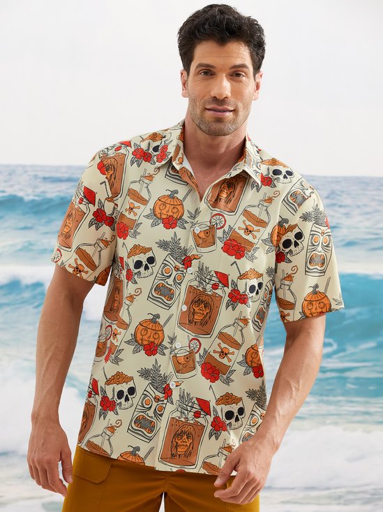 Hardaddy Men's Retro Drink TIKI Skull Print Casual Breathable Hawaiian Short Sleeve Shirt