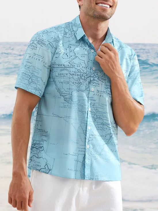 Hardaddy Mens Navigation Map Printed Casual Breathable Short Sleeve Shirt