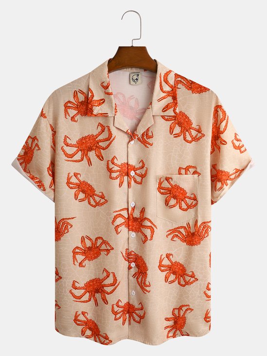 King Crab Print Chest Pocket Short Sleeve Resort Shirt