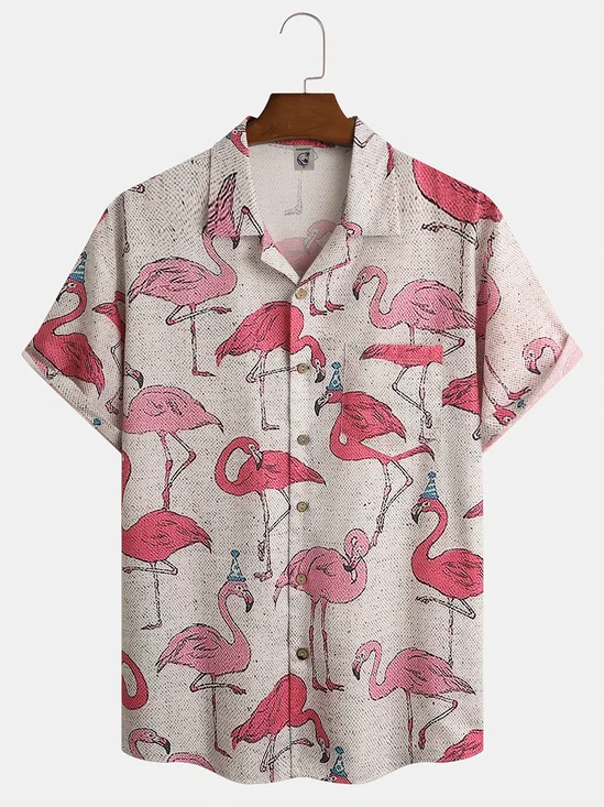 Flamingo Chest Pocket Short Sleeve Aloha Shirt