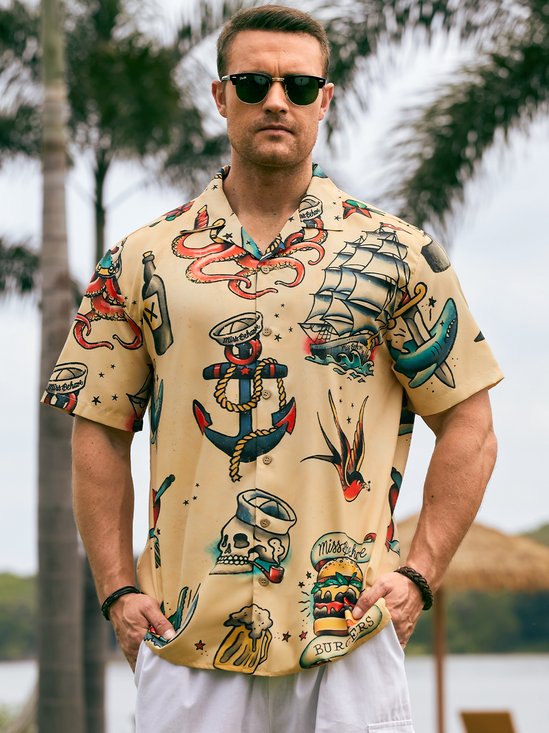 Mens Hawaiian Sailing Print Camp Collar Loose Short Sleeve Funky Tattoo Hawaiian Shirt