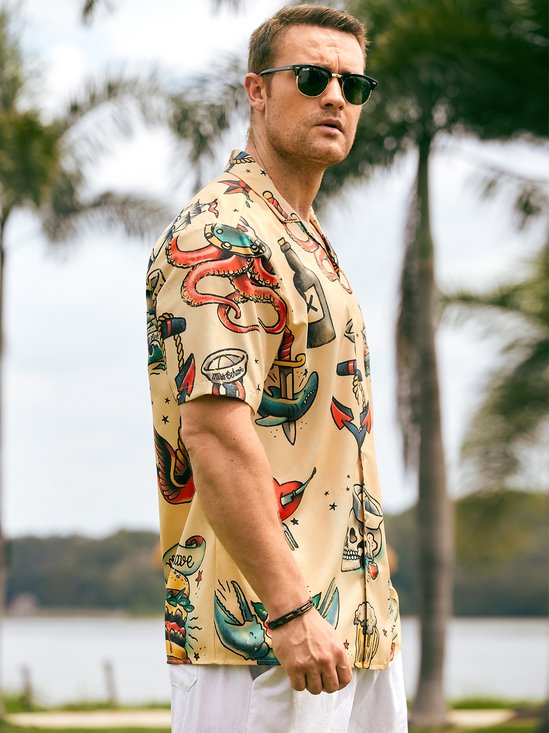 Mens Hawaiian Sailing Print Camp Collar Loose Short Sleeve Funky Hawaiian Shirt