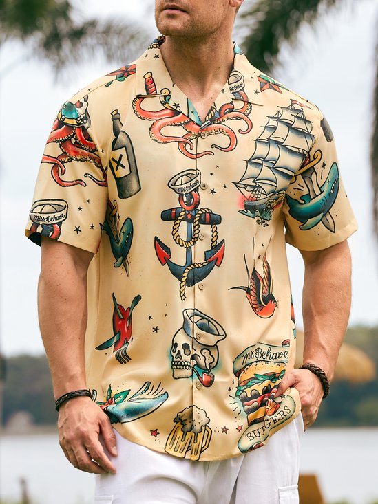Mens Hawaiian Sailing Print Camp Collar Loose Short Sleeve Funky Tattoo Hawaiian Shirt
