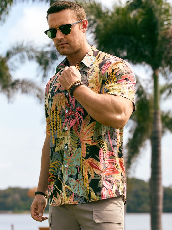 Hardaddy Men's Botanical Print Casual Breathable Short Sleeve Hawaiian Shirt