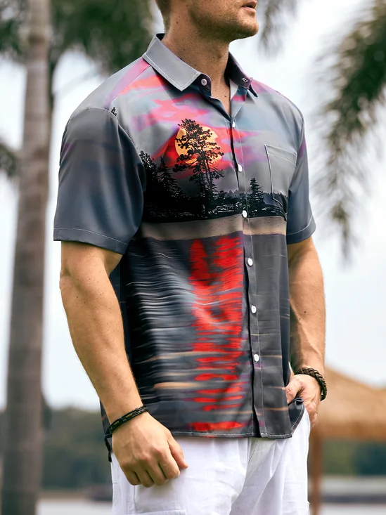 Vacation Style Hawaiian Series Sunset Gradient Sky Scenery Element Pattern Lapel Short-Sleeved Shirt Print Top