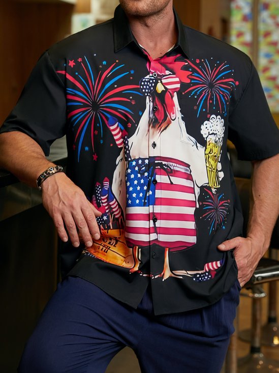 Hardaddy American Flag Rooster Chest Pocket Short Sleeve Casual Shirt