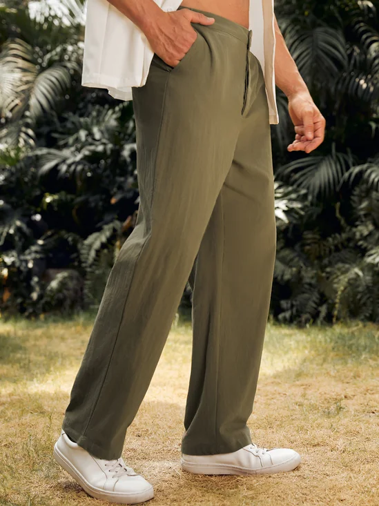 Cotton and Linen Plain Hawaiian Casual Trousers