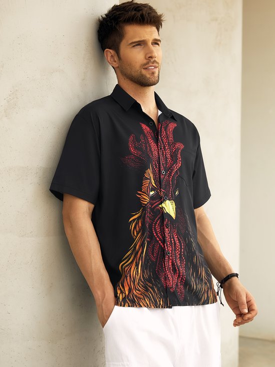 Hardaddy Art Rooster Chest Pocket Short Sleeve Casual Shirt