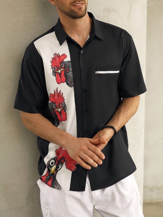 Hardaddy Rooster Chest Pocket Short Sleeve Bowling Shirt