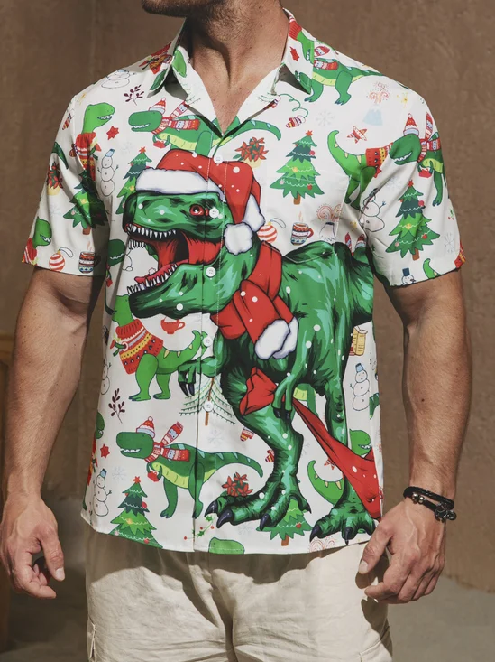 Hardaddy Men's Christmas Dinosaur Print Short Sleeve Hawaiian Shirt with Chest Pocket