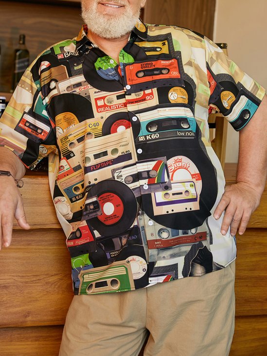 Hardaddy Big Size Music Records Chest Pocket Short Sleeve Hawaiian Shirt