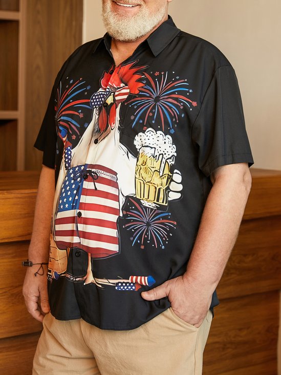 Hardaddy Big Size American Flag Rooster Chest Pocket Short Sleeve Shirt