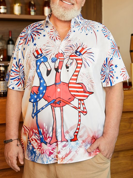 Hardaddy Big Size Indepndence Day Flag Flamingo Chest Pocket Shirt