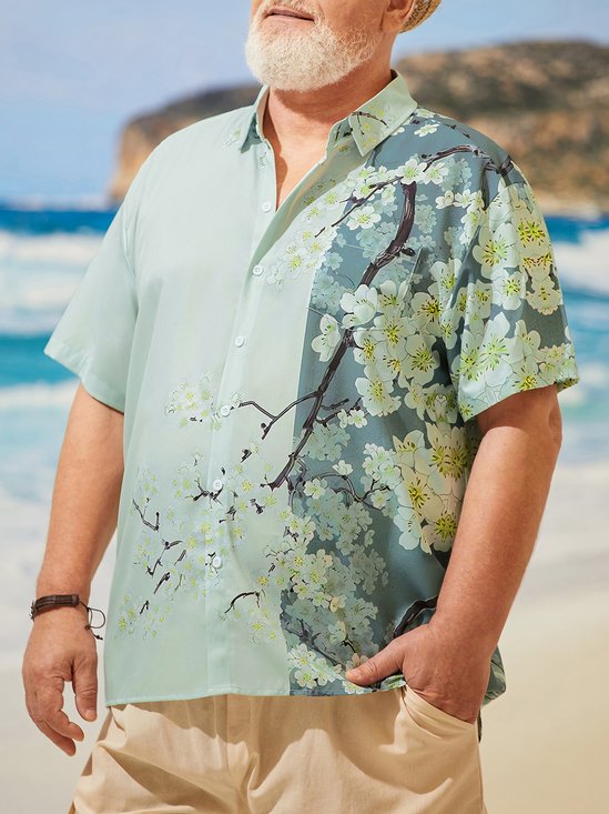 Hardaddy Big Size Floral Sakura Chest Pocket Short Sleeve Hawaiian Shirt