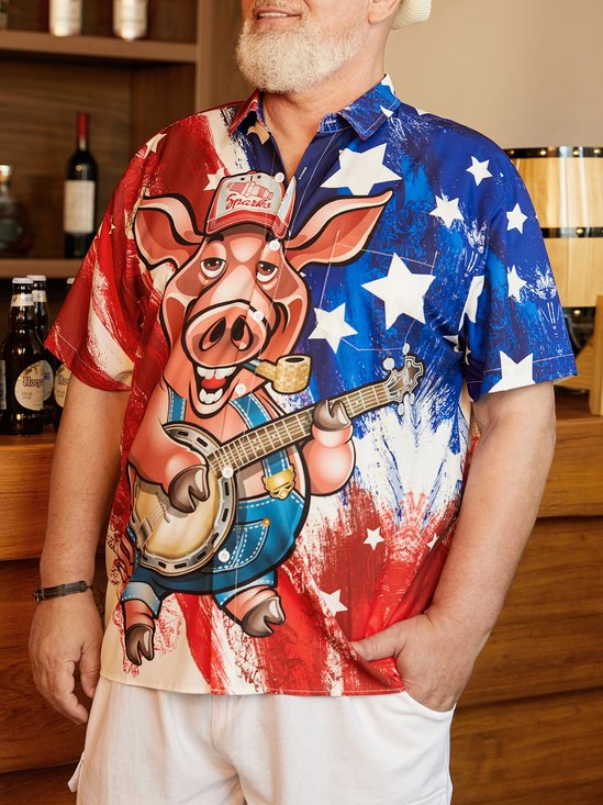 Hardaddy Big Size Flag Animal Pig Chest Pocket Short Sleeve Casual Shirt
