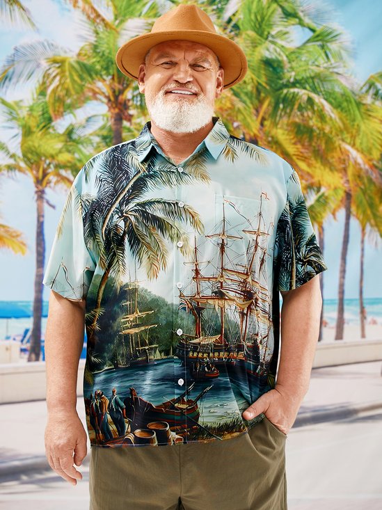 Hardaddy Big Size  Coconut Tree Chest Pocket Short Sleeve Hawaiian Shirt
