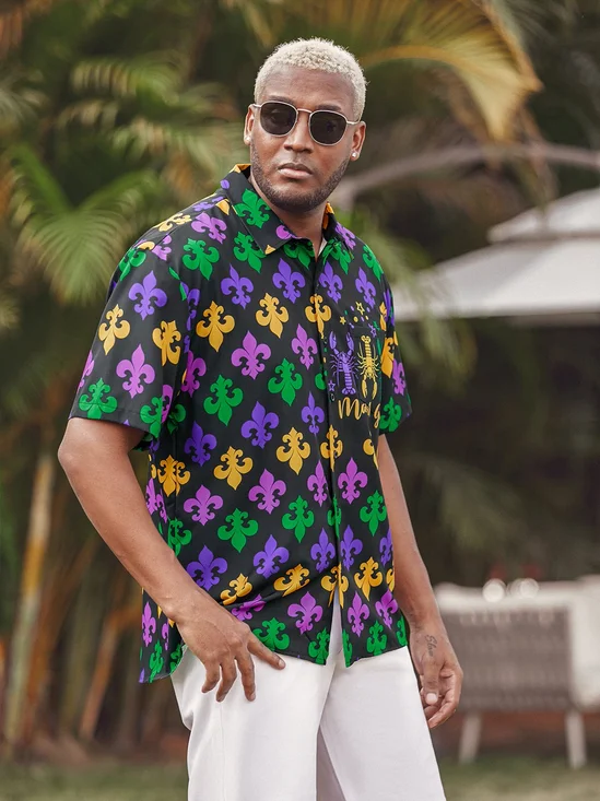 Hardaddy Mardi Gras Chest Pocket Short Sleeve Casual Shirt