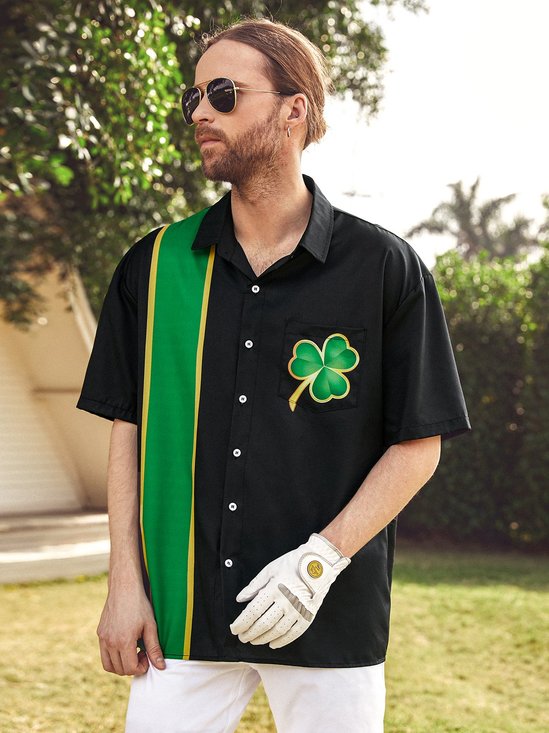 Hardaddy Hawaiian Button Up Shirt for Men Green And Black St. Patrick's Day Lucky Clover Regular Fit Short Sleeve Bowling Shirt St Paddy's Day Shirt