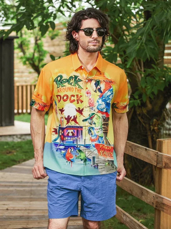 Hardaddy Aloha Parrots Chest Pocket Short Sleeve Hawaiian Shirt