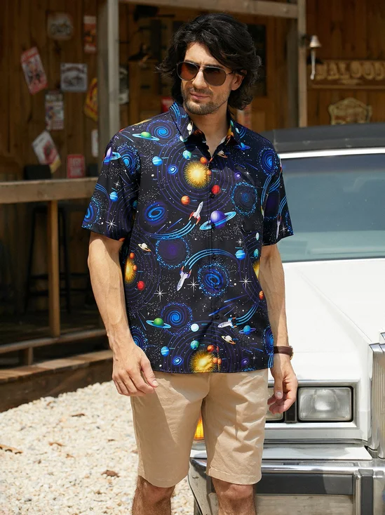 Hardaddy Moisture-wicking Galaxy Chest Pocket Hawaiian Shirt