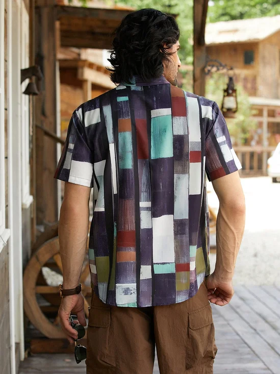 Hardaddy Hawaiian Retro Geometric Abstract Elements Men's Casual Short-sleeved Shirt