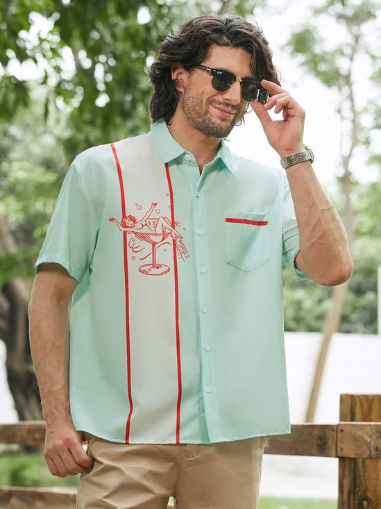 Hardaddy Beauty Cocktail Chest Pocket Short Sleeve Bowling Shirt