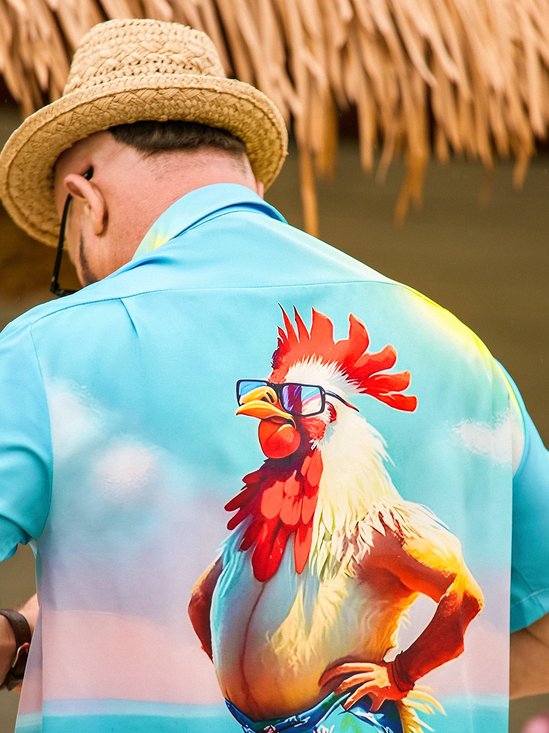 Moisture-wicking Ombre Beach Chicken Chest Pocket Hawaiian Shirt