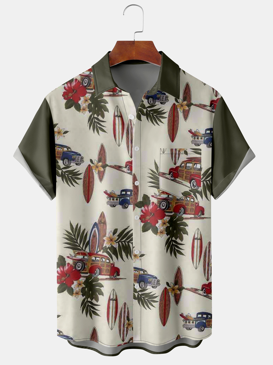 Men's Coconut Tree Floral Print Casual Fabric Fashion Pocket Hawaiian Lapel Short Sleeve Shirt