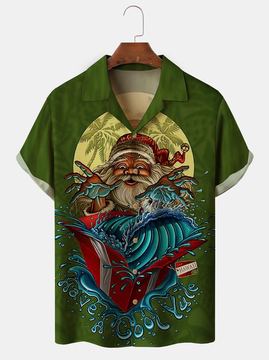 Men's Santa Print Casual Fabric Fashion Lapel Short Sleeve Shirt