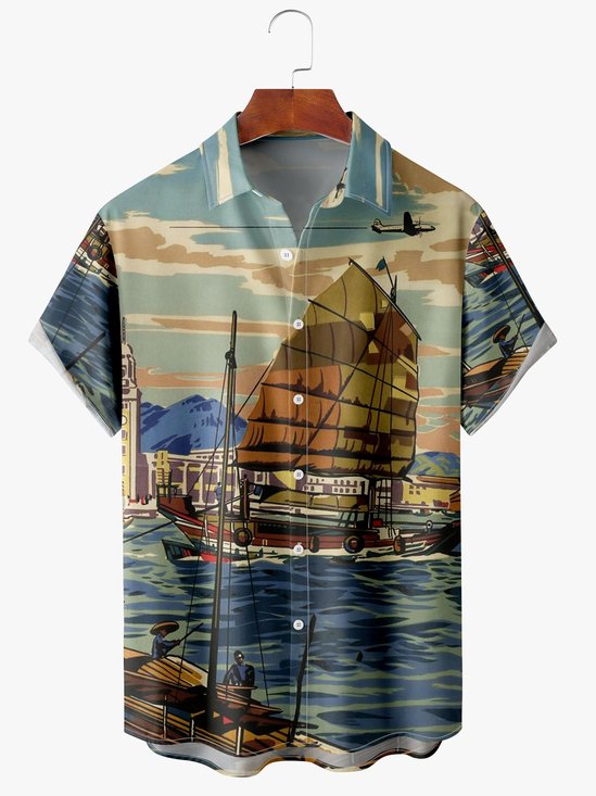 Men's Ocean Print Moisture Absorbent Breathable Fabric Fashion Hawaiian Lapel Short Sleeve Shirt