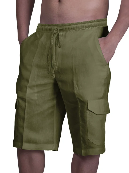 Hardaddy Men's Linen Shorts Multi-Pocket Tie Cargo Pants