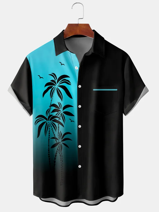 Holiday Style Hawaii Series Gradient Plant Coconut Tree Element Pattern Lapel Short-Sleeved Chest Pocket Shirt Printed Top